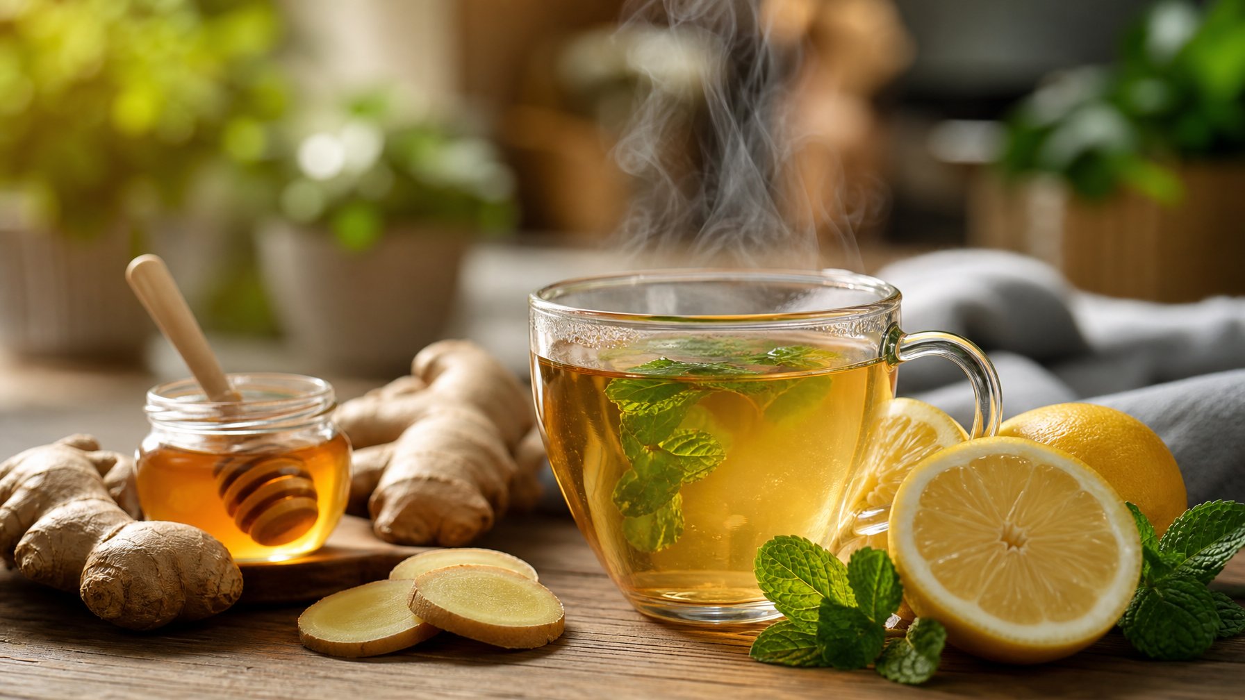 Secangkir teh herbal hangat dengan irisan lemon, jahe, daun mint, dan madu di atas meja kayu.
