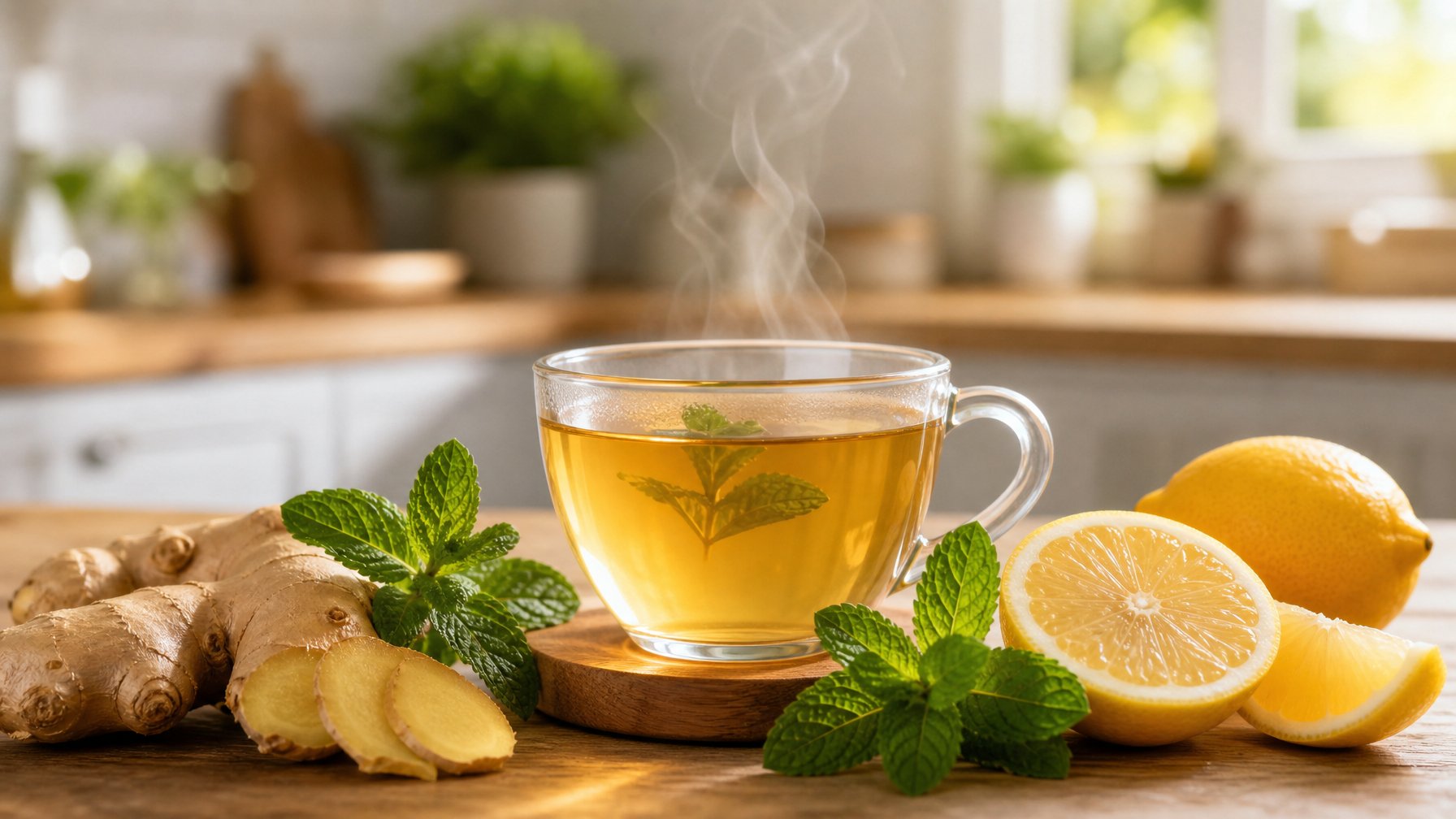 Cangkir teh hangat dengan uap di atas meja kayu, dikelilingi irisan lemon, jahe, dan daun mint segar.