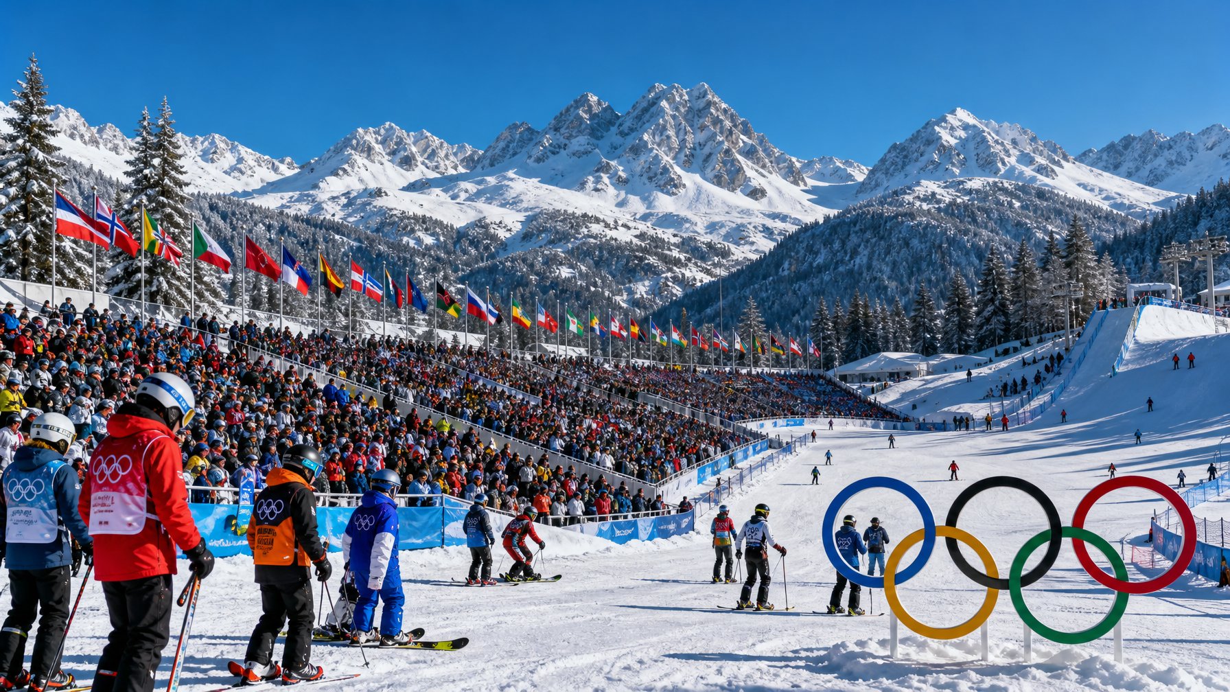 Pemandangan stadion olahraga musim dingin dengan atlet dan penonton di pegunungan bersalju saat Olimpiade Musim Dingin 2026 di Milano Cortina.