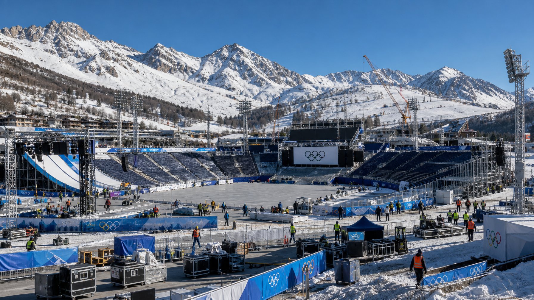 Persiapan venue utama Olimpiade Milano Cortina 2026 dengan pekerja yang sedang menata peralatan di stadion besar di pegunungan bersalju menjelang pembukaan.