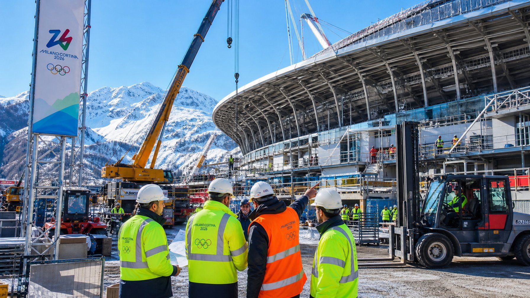 Pekerja dan insinyur sedang mempersiapkan infrastruktur dan fasilitas utama venue Olimpiade Milano Cortina 2026 di sebuah stadion besar dengan latar pegunungan bersalju.