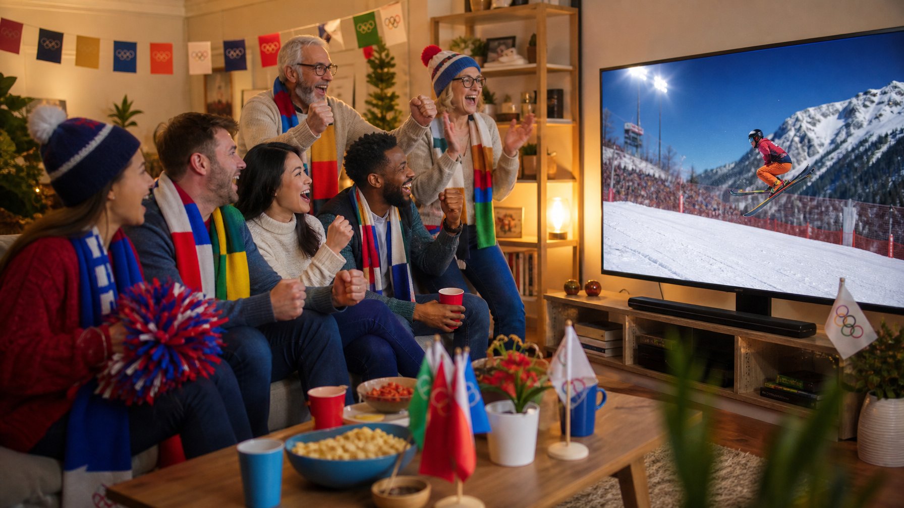 Sekelompok penggemar olahraga menonton siaran langsung Olimpiade 2026 di ruang tamu yang nyaman, terlihat antusias dan menikmati pertandingan olahraga musim dingin di televisi besar.