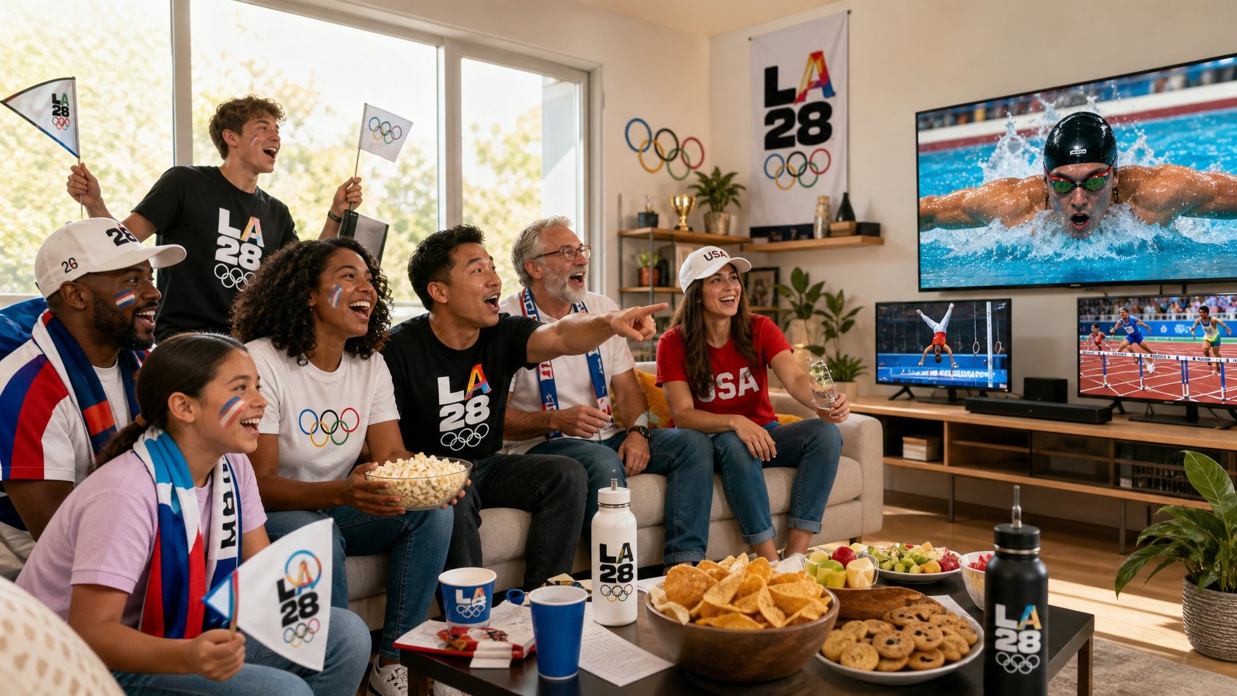 Sekelompok penggemar olahraga sedang bersiap menonton Olimpiade 2026 secara langsung di ruang tamu dengan televisi besar dan pakaian bertema Olimpiade.