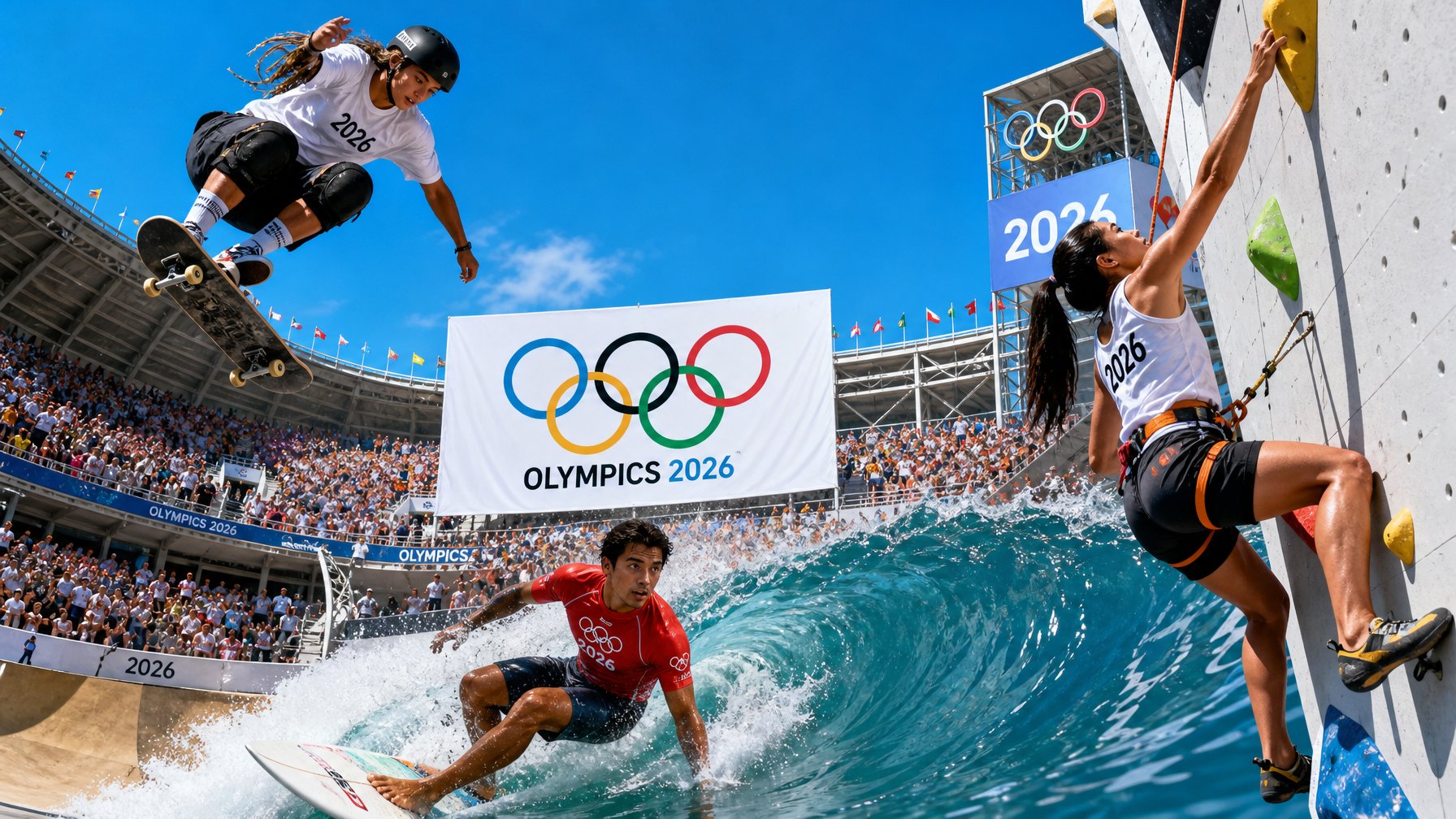 Beberapa atlet beraksi dalam cabang olahraga baru di Olimpiade 2026 di stadion yang ramai dengan penonton.