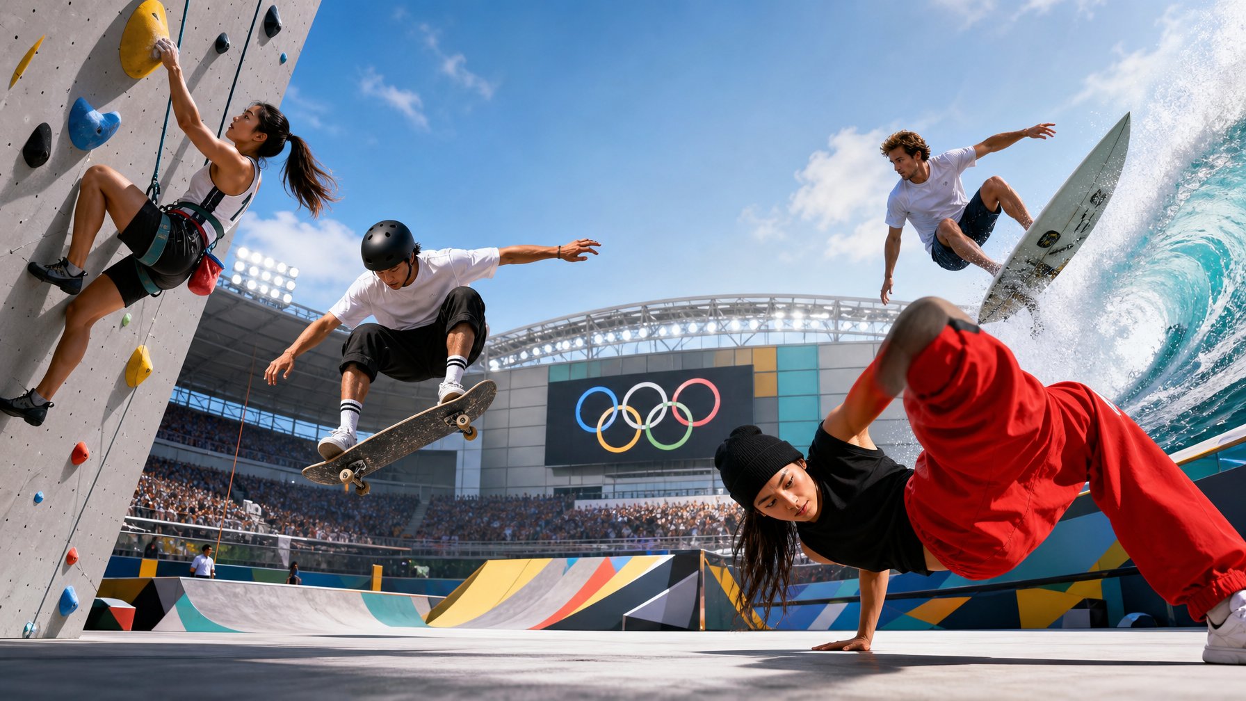 Sekelompok atlet beragam sedang beraksi dalam cabang olahraga baru Olimpiade 2026 di stadion modern.
