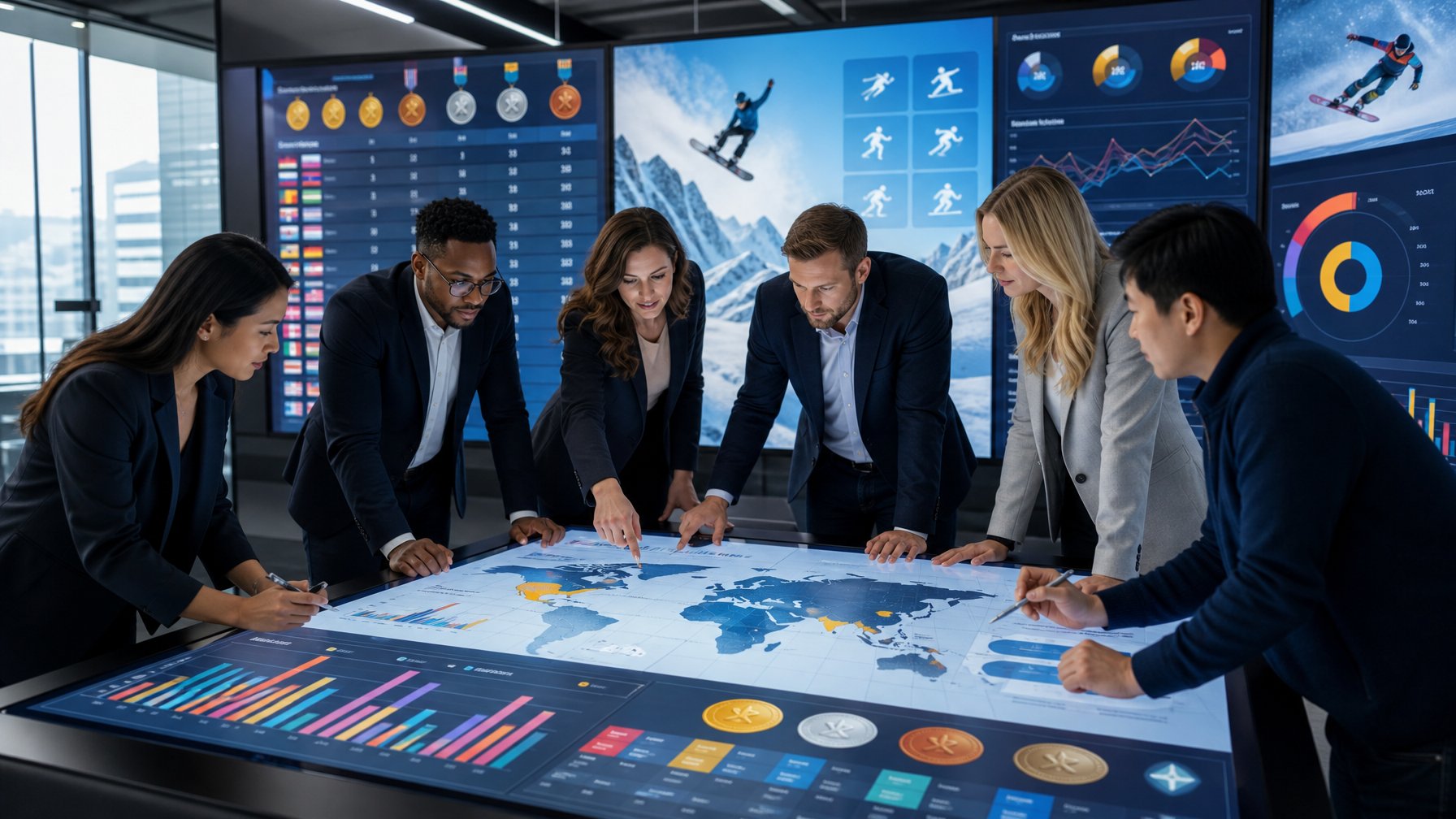 Sekelompok profesional sedang menganalisis data prediksi perolehan medali Olimpiade Musim Dingin 2026 di ruang kantor modern dengan layar digital yang menampilkan grafik dan peta negara unggulan.