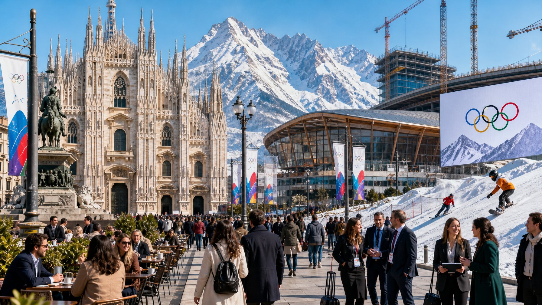 Pemandangan kota Italia dengan landmark terkenal dan pegunungan bersalju, turis dan profesional beraktivitas di sekitar venue Olimpiade musim dingin 2026.