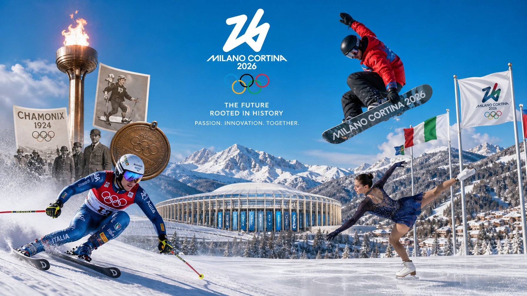 Pemandangan pegunungan bersalju dengan atlet olahraga musim dingin yang sedang bermain ski, seluncur es, dan snowboarding, serta latar belakang arena Olimpiade modern dan elemen sejarah Olimpiade.