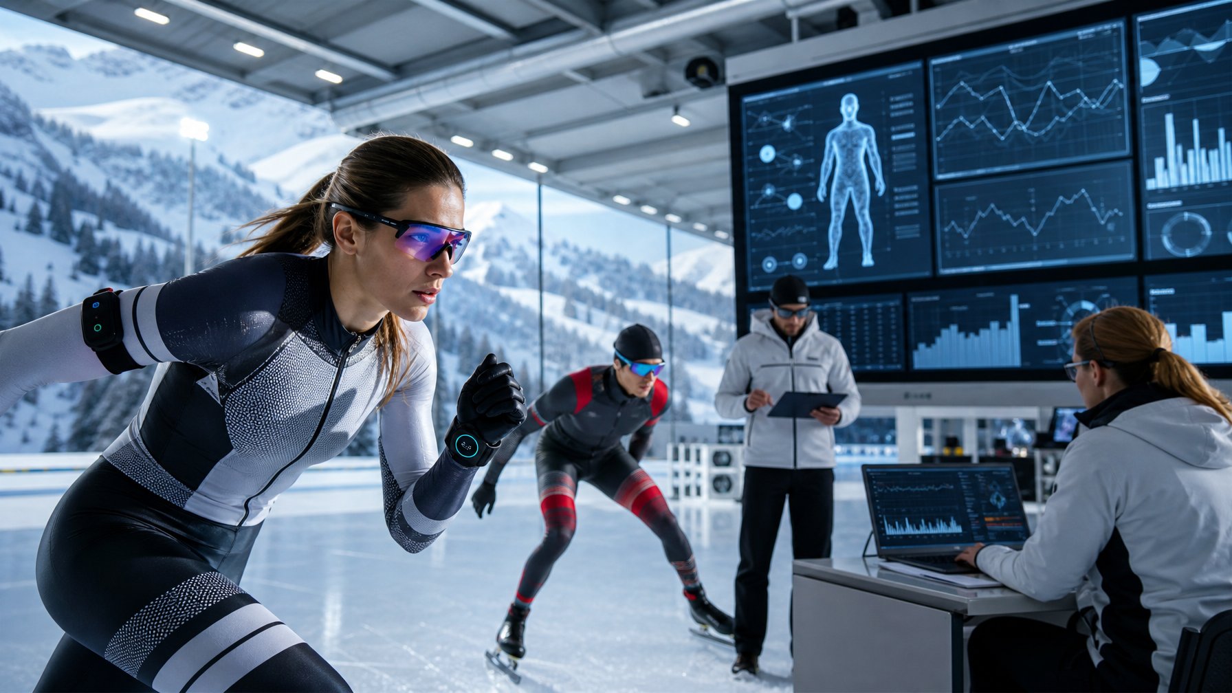 Atlet bersaing dalam olahraga musim dingin dengan perangkat teknologi canggih dan layar digital menampilkan data kinerja di arena olahraga modern.
