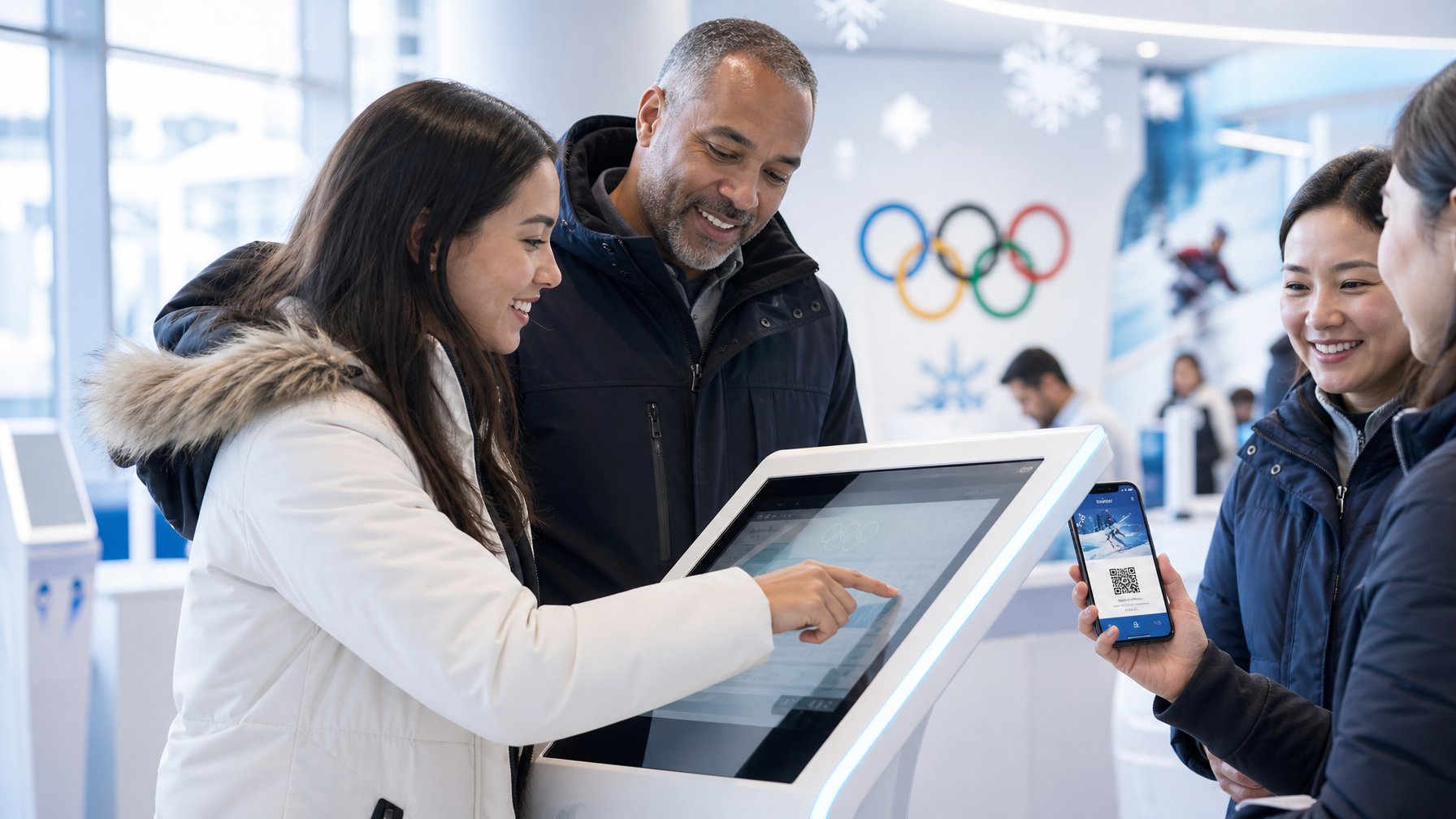 Orang-orang membeli tiket resmi untuk pertandingan Olimpiade Musim Dingin 2026 di sebuah terminal digital modern.