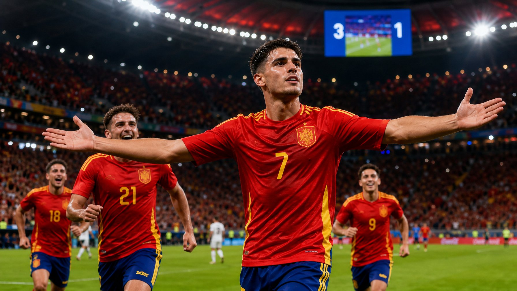Pemain sepak bola Spanyol merayakan kemenangan di stadion penuh penonton saat final Piala Dunia FIFA 2026.