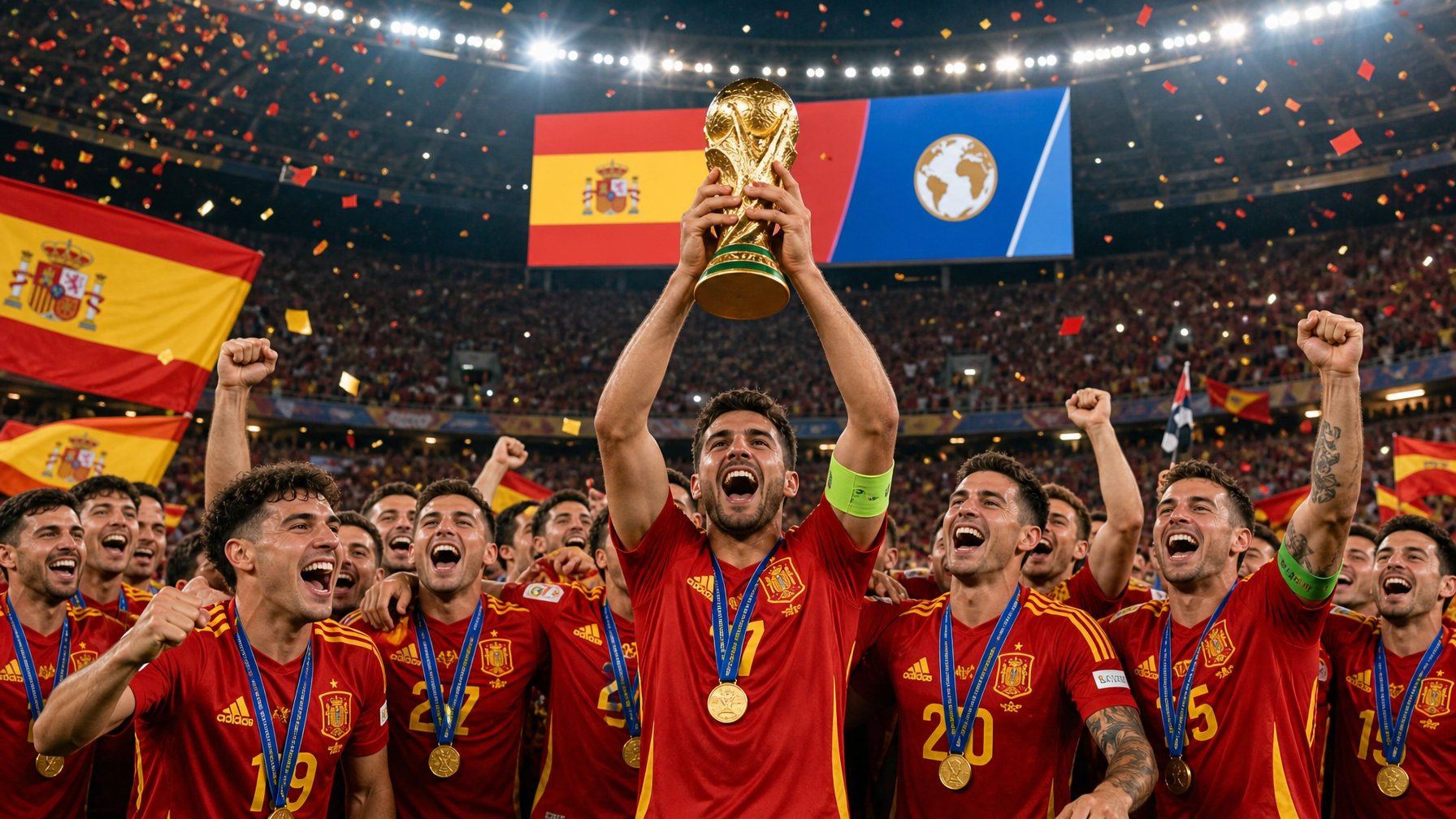 Pemain sepak bola Spanyol merayakan kemenangan mereka di stadion penuh dengan penggemar yang melambaikan bendera.