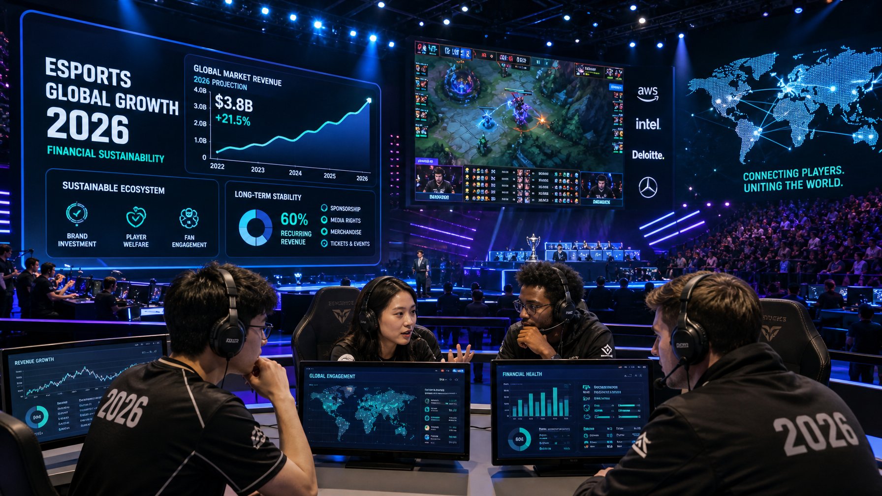 Suasana arena esports modern dengan pemain dan penonton yang antusias, layar besar menampilkan grafik keuangan dan peta dunia, menunjukkan perkembangan dan keberlanjutan industri esports global.