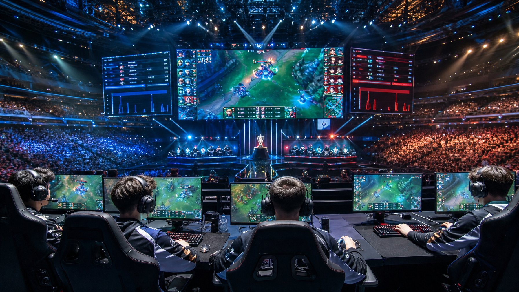 Arena esports besar dengan pemain profesional yang sedang bertanding di depan penonton yang antusias.