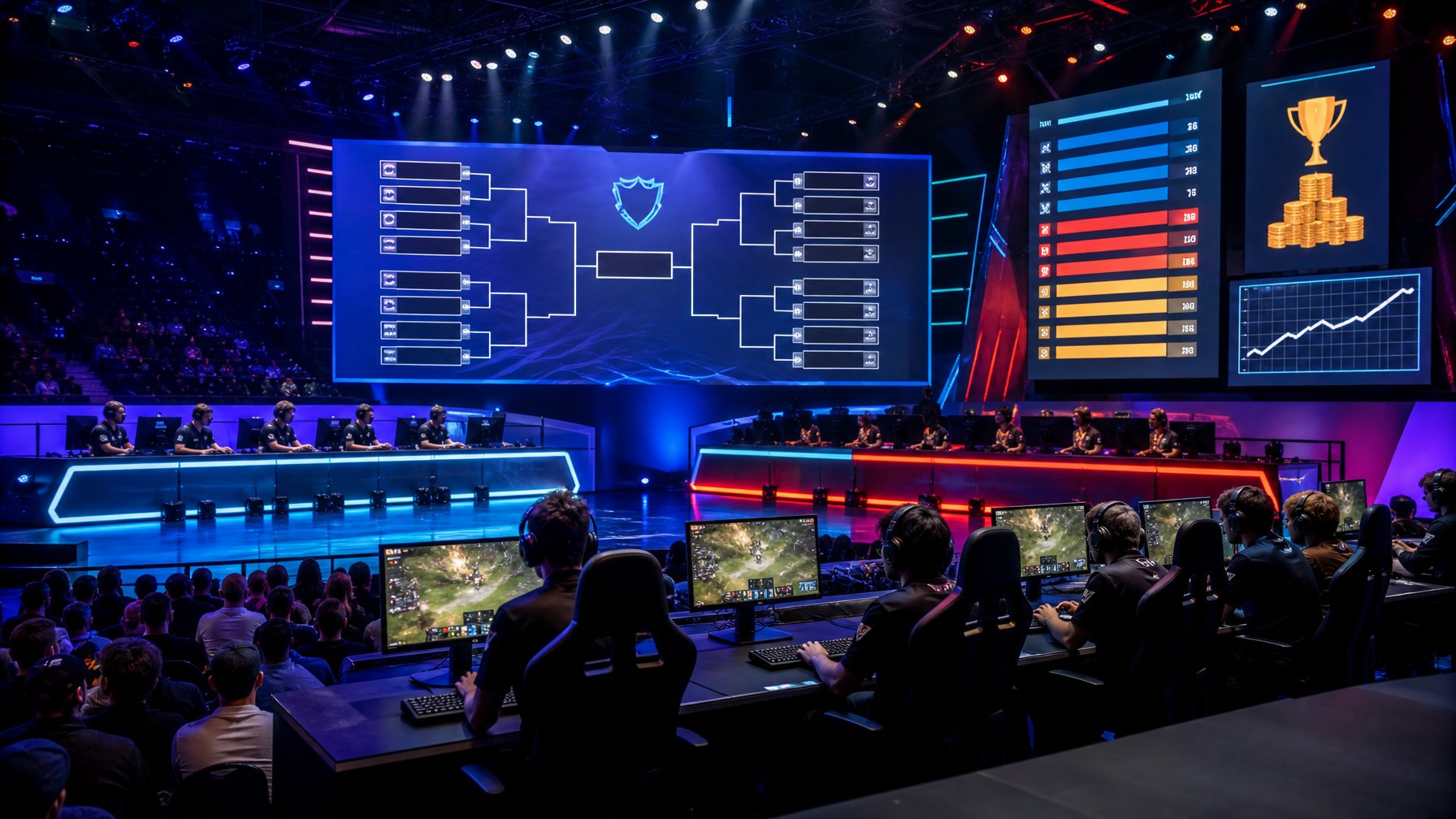 Suasana turnamen esports dengan pemain yang fokus di arena permainan, layar besar menampilkan jadwal dan hadiah, serta penonton yang antusias.