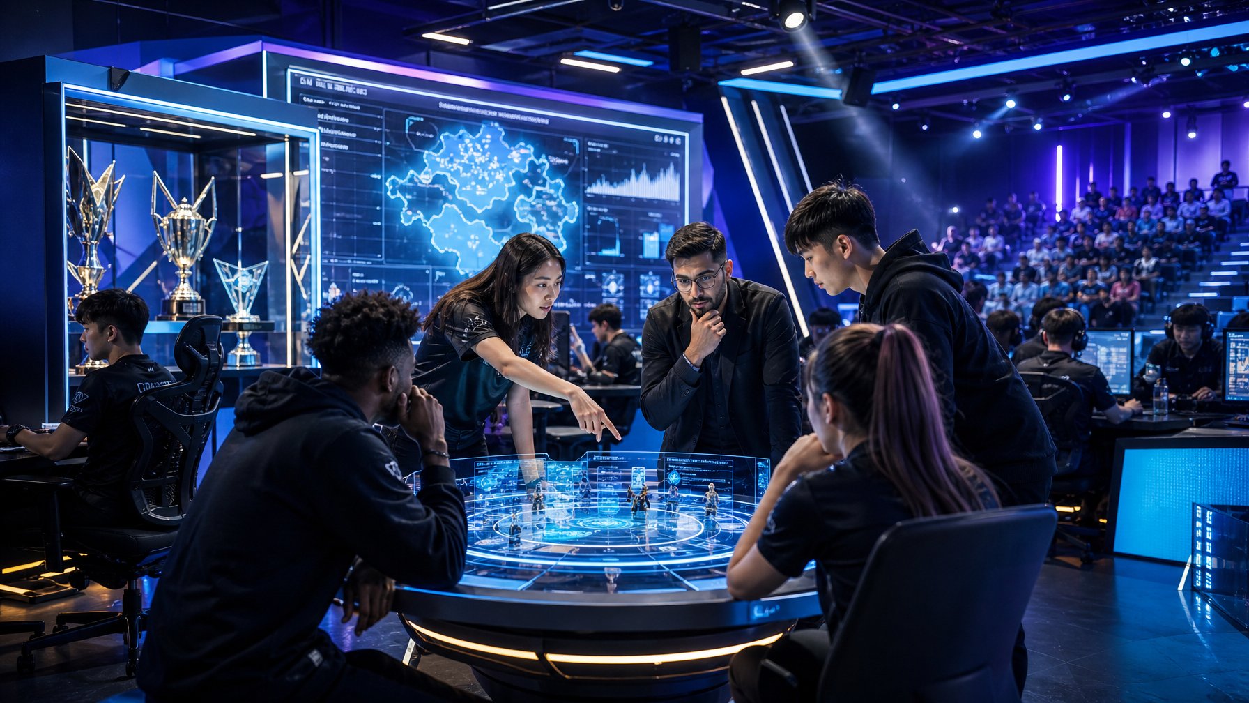 Arena esports modern dengan para profesional muda dan pemain yang bekerja sama di depan layar digital futuristik.