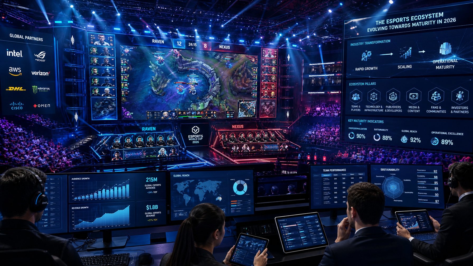 Arena esports modern dengan pemain dan tim yang sedang bertanding, dikelilingi oleh visualisasi data dan teknologi canggih.