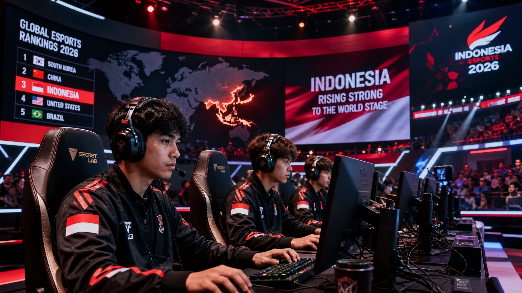 Sekelompok atlet esports muda Indonesia sedang bertanding di arena permainan dengan layar besar dan suasana modern yang penuh energi.