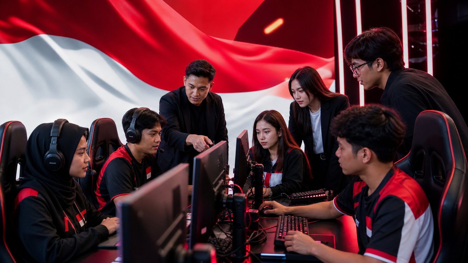 Sekelompok pemain dan profesional esports Indonesia bekerja sama di arena permainan modern dengan peralatan gaming canggih dan pencahayaan LED.