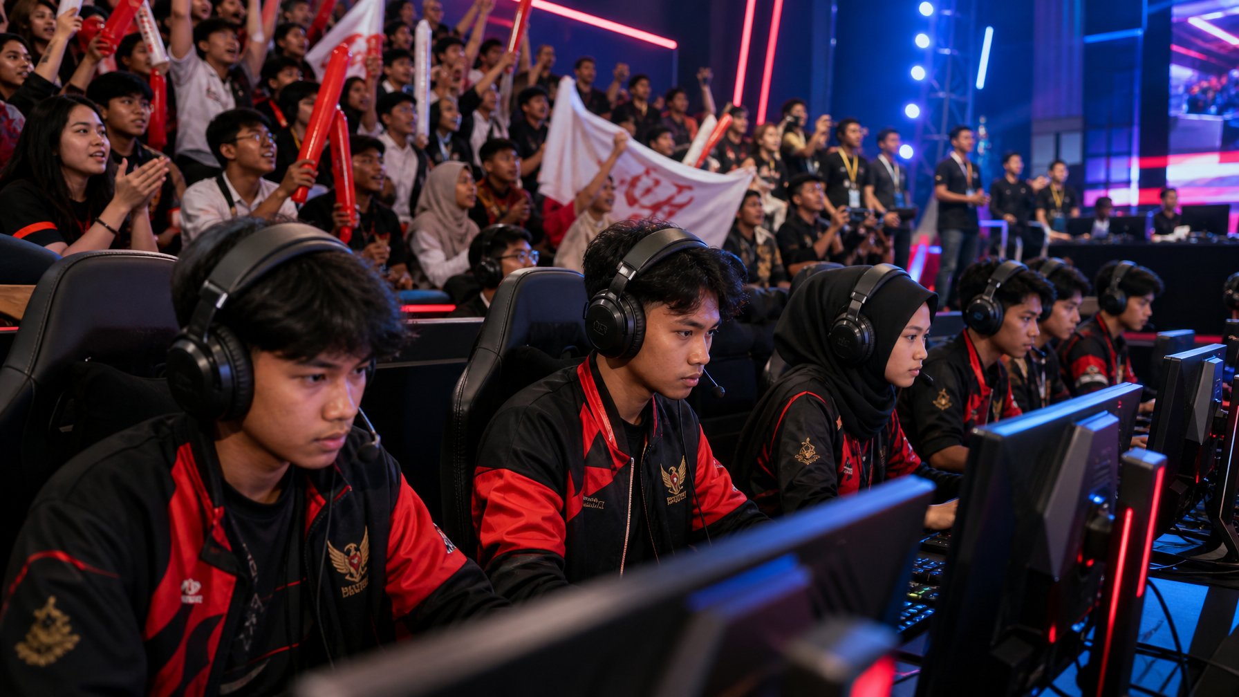 Sejumlah pemuda Indonesia sedang bermain e-sport di arena kompetisi dengan suasana penuh semangat dan penonton mendukung di latar belakang.