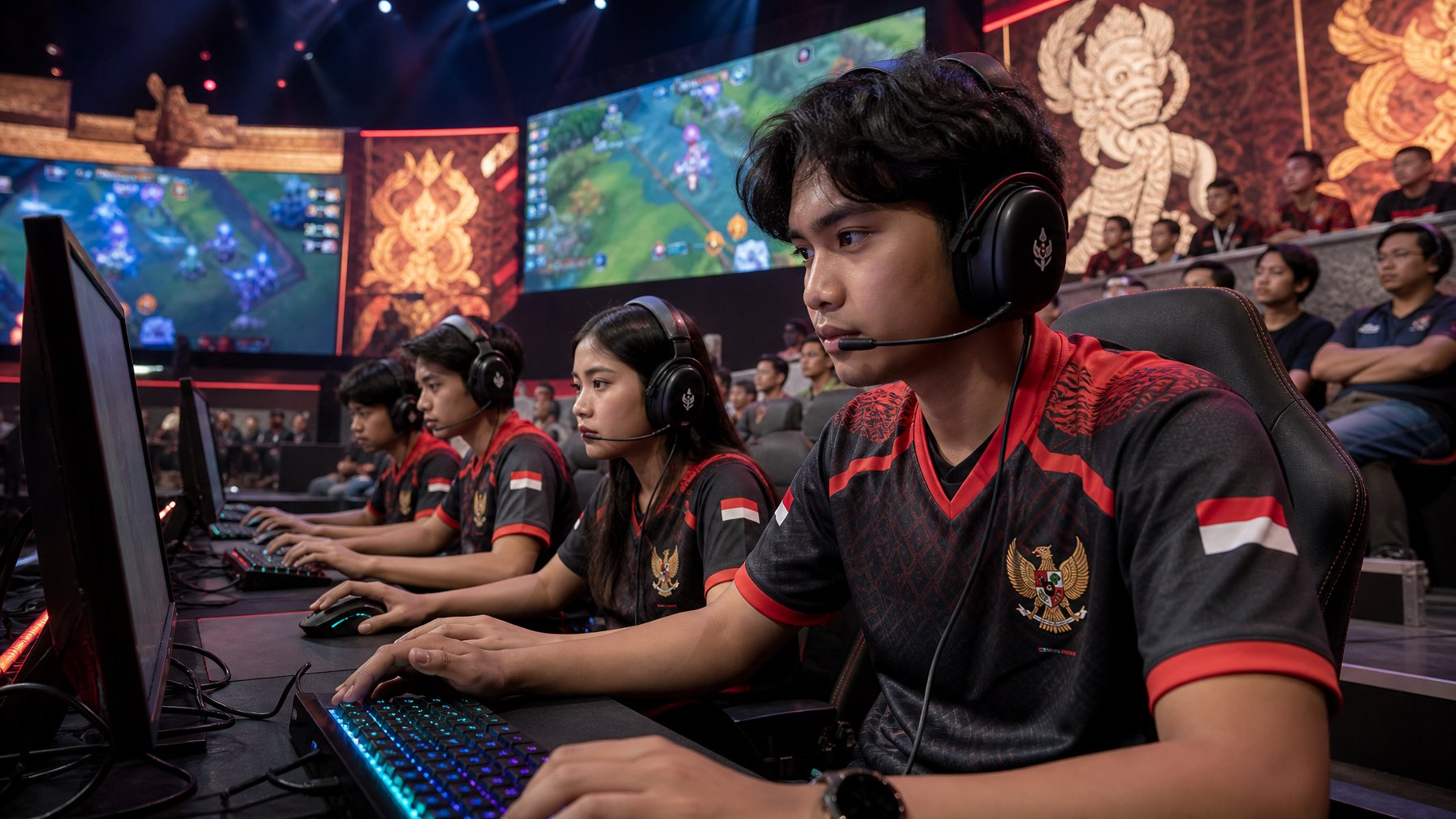 Sekelompok anak muda Indonesia sedang bermain esports dengan serius di arena kompetisi yang modern dan ramai.