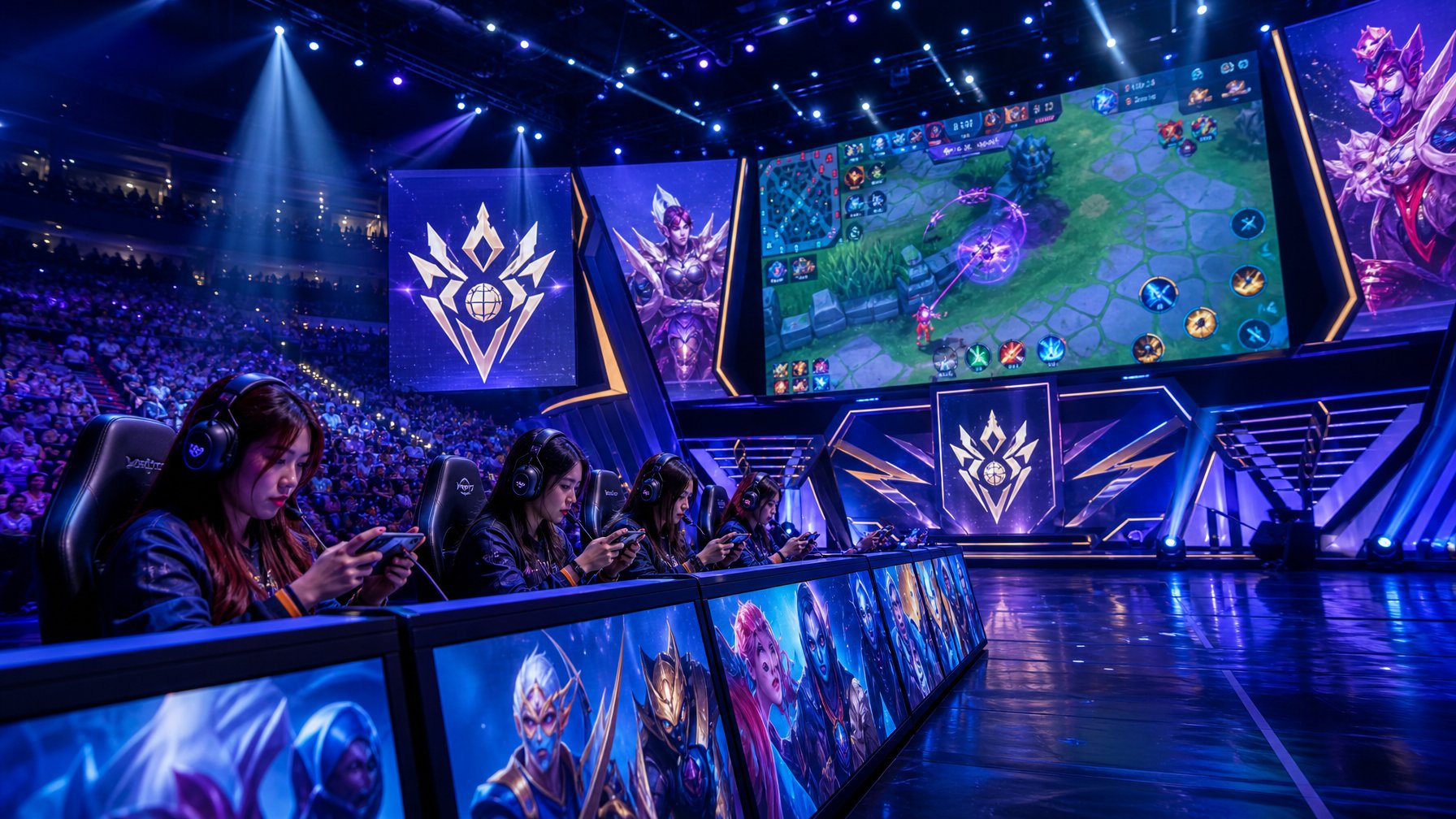 Suasana kompetisi esports wanita Mobile Legends di arena besar dengan pemain fokus bermain dan penonton antusias.