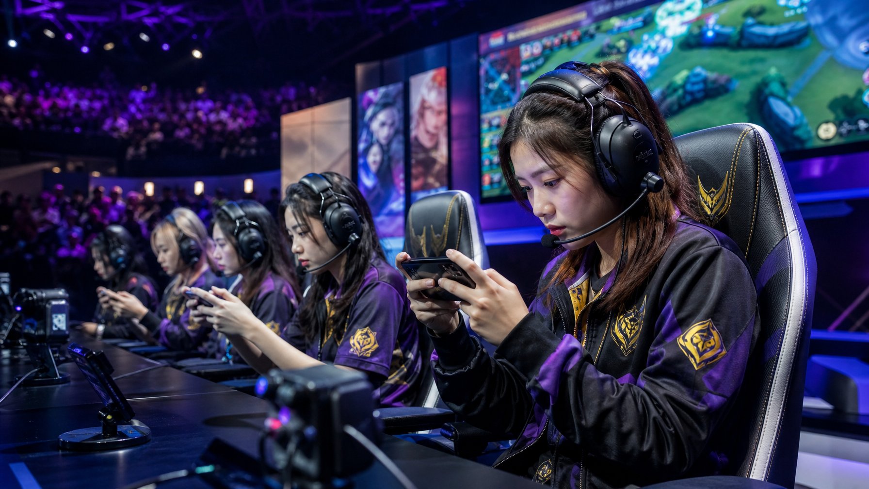 Sejumlah pemain perempuan Mobile Legends sedang bermain kompetisi esports di arena dengan pencahayaan warna-warni dan layar besar di latar belakang.
