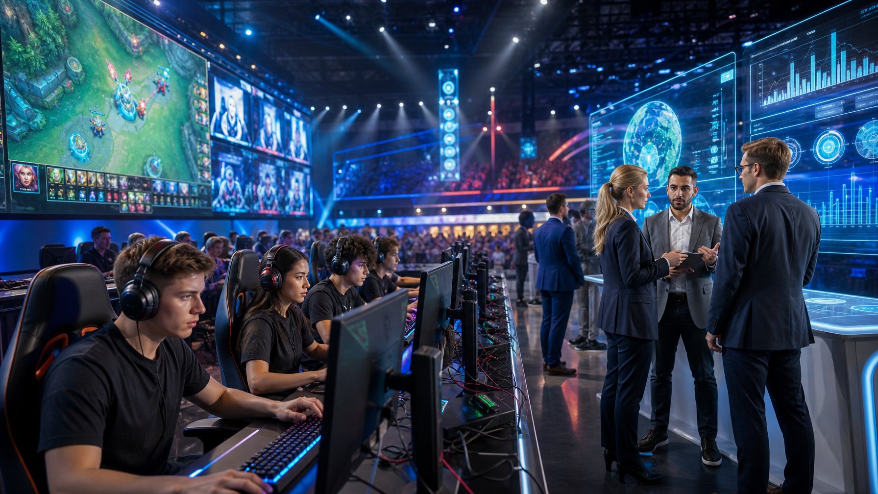 Arena esports modern dengan pemain yang fokus bermain game di komputer, serta profesional yang berdiskusi dan menganalisis data menggunakan layar digital futuristik.