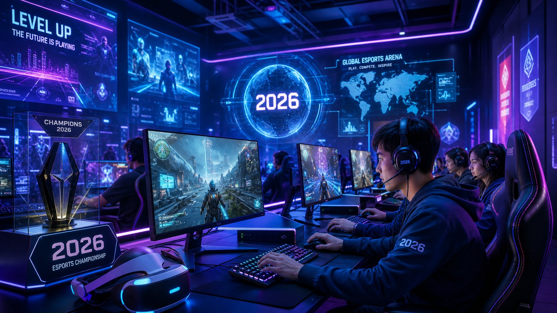 Beberapa orang muda bermain game di depan layar komputer dengan peralatan gaming modern dan latar belakang teknologi futuristik.