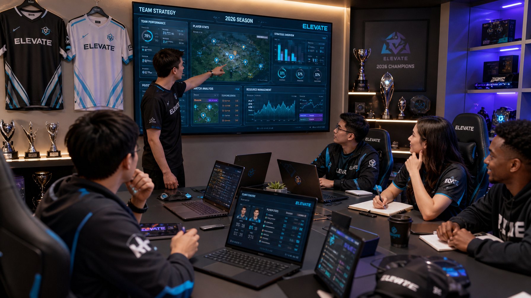 Sekelompok orang muda bekerja sama di kantor esports dengan laptop dan layar besar yang menampilkan data permainan dan strategi tim.