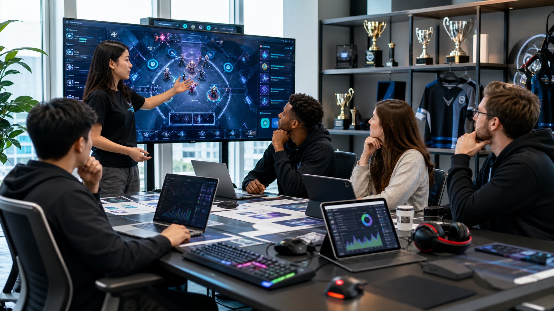 Sekelompok profesional muda sedang berdiskusi dan bekerja bersama di kantor modern yang berfokus pada strategi rekrutmen dan pengembangan tim esports.
