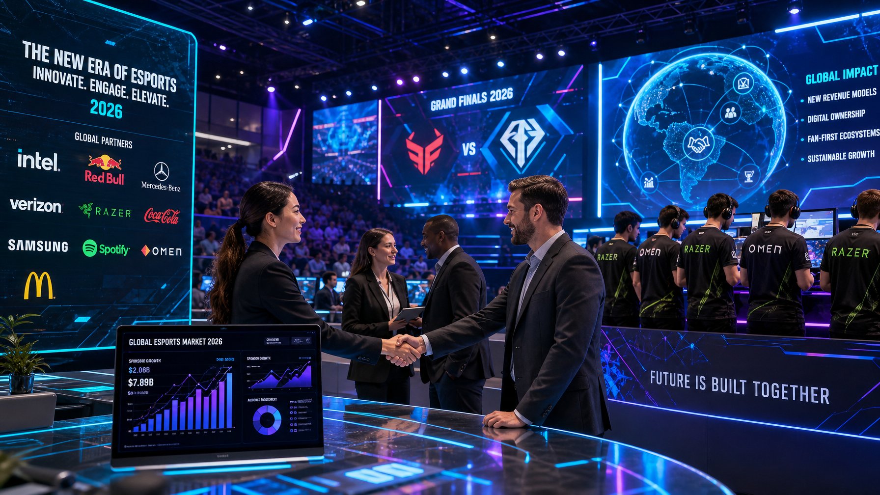 Seorang profesional dan sponsor sedang berjabat tangan di arena esports modern dengan layar digital besar dan pemain esports yang bersiap bertanding.