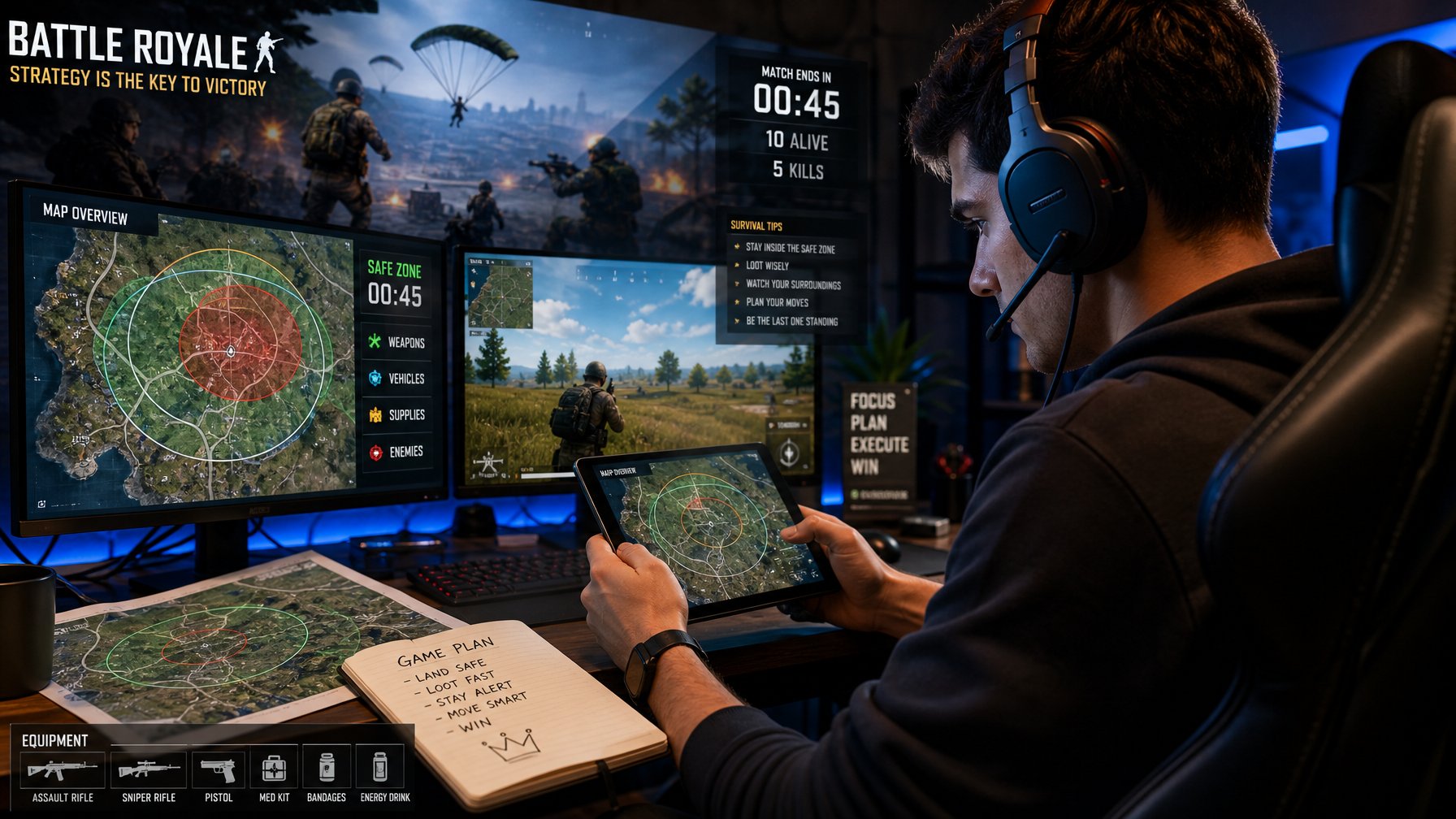 Seorang pemain game sedang fokus menggunakan perangkat gaming dengan layar menampilkan peta dan gameplay Battle Royale, menunjukkan suasana strategi bertahan hidup dalam permainan.