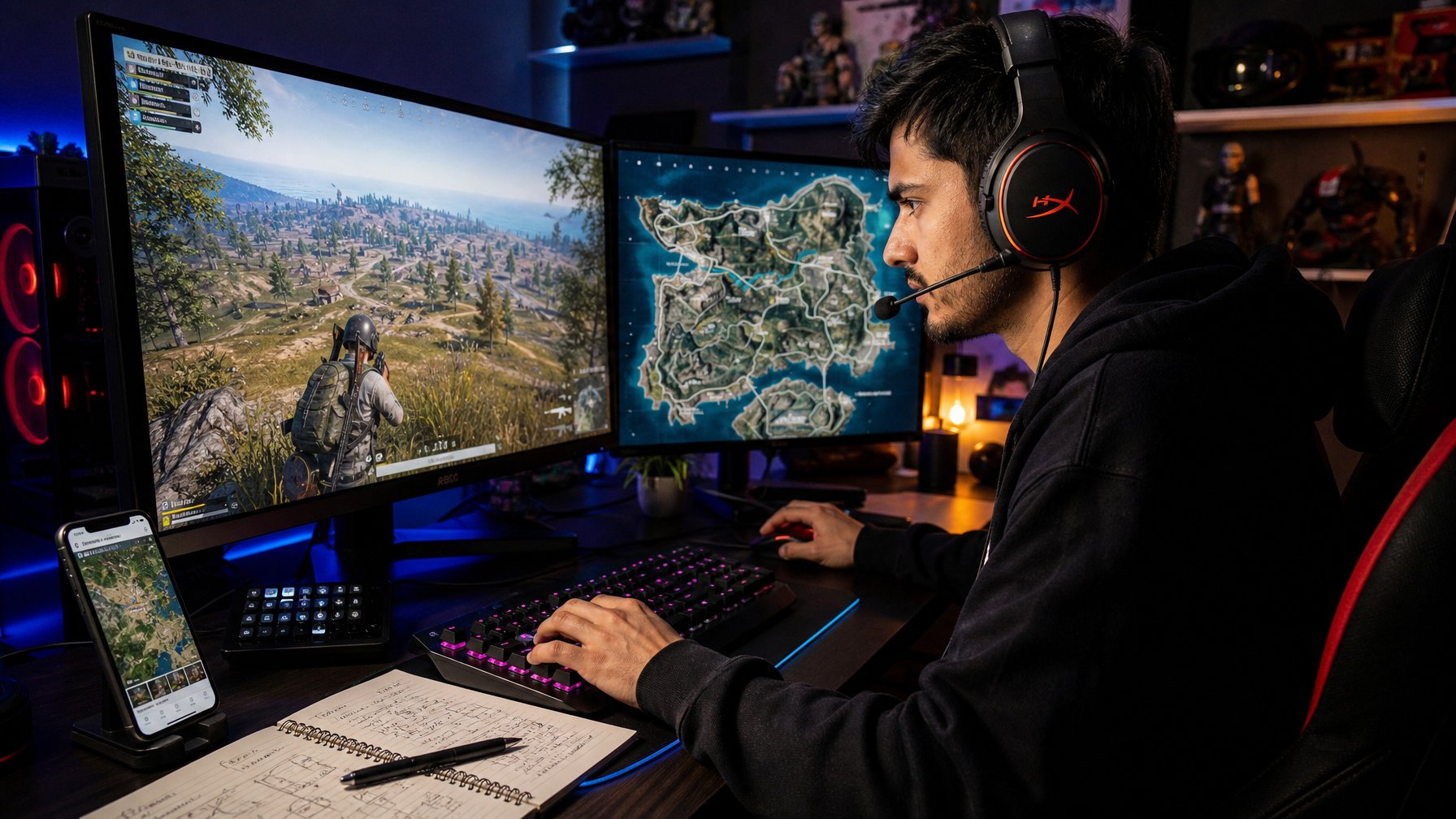 Seorang gamer muda fokus bermain video game Battle Royale dengan layar komputer menampilkan peta dan aksi permainan, duduk di ruang gaming yang gelap dengan peralatan dan pencahayaan yang mendukung.