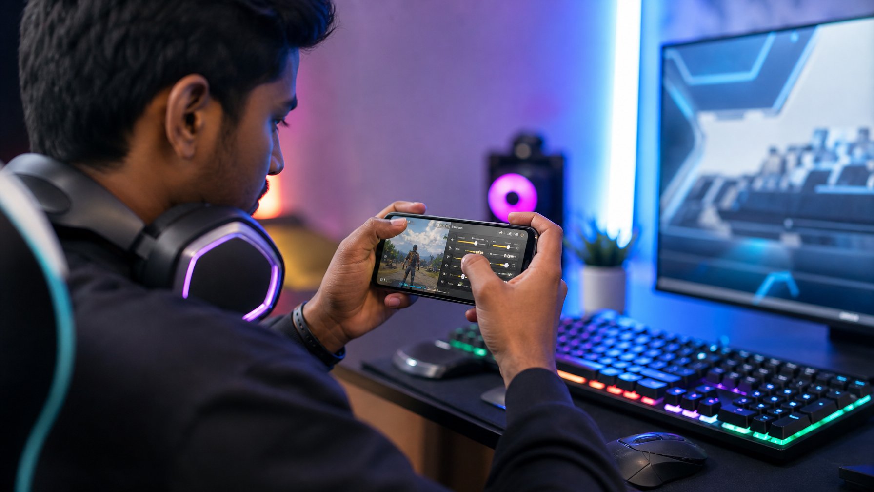 Seorang pemain game muda sedang mengatur sensitivitas pada ponsel untuk bermain game Battle Royale.