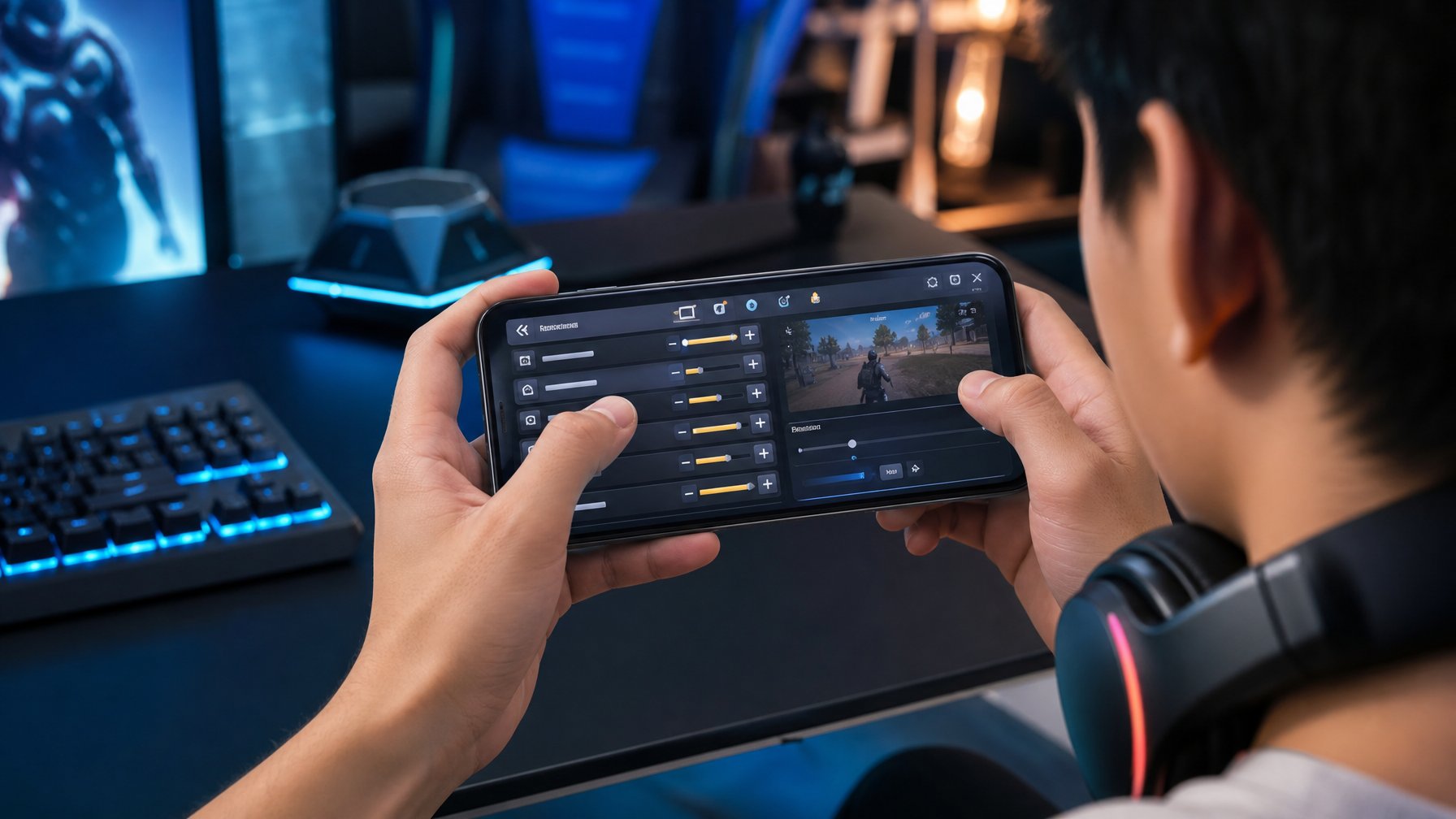 Seorang gamer muda fokus bermain game Battle Royale di ponsel dengan layar pengaturan sensitivitas terbuka, duduk di ruang gaming modern.