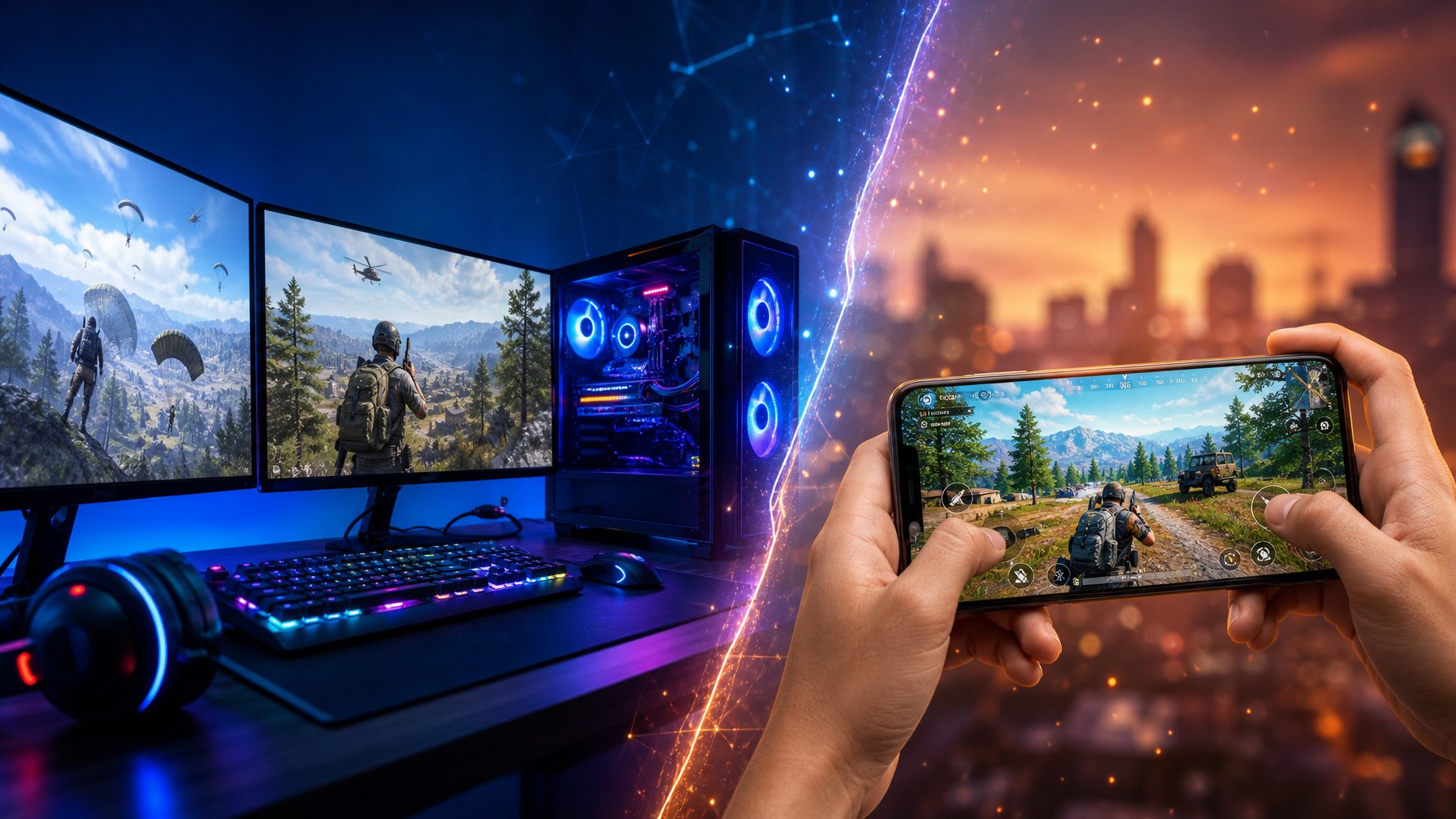 Seseorang bermain game Battle Royale di PC dengan setup gaming modern di sebelah kiri dan seseorang memegang smartphone dengan game Battle Royale di sebelah kanan.