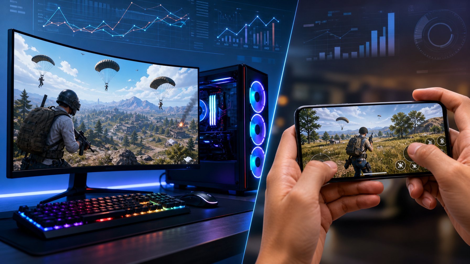 Seorang gamer menggunakan komputer gaming dan smartphone secara berdampingan menampilkan permainan Battle Royale.