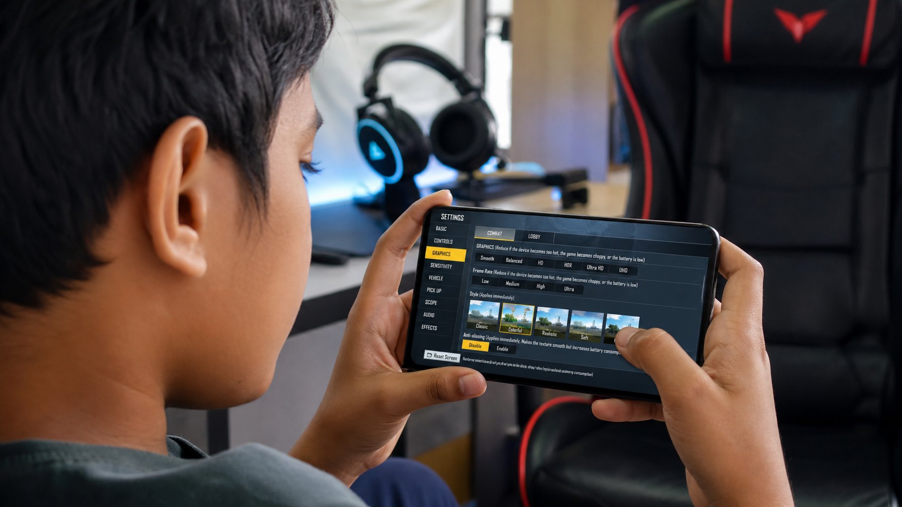 Seseorang memegang ponsel sambil mengatur pengaturan grafis game Battle Royale.