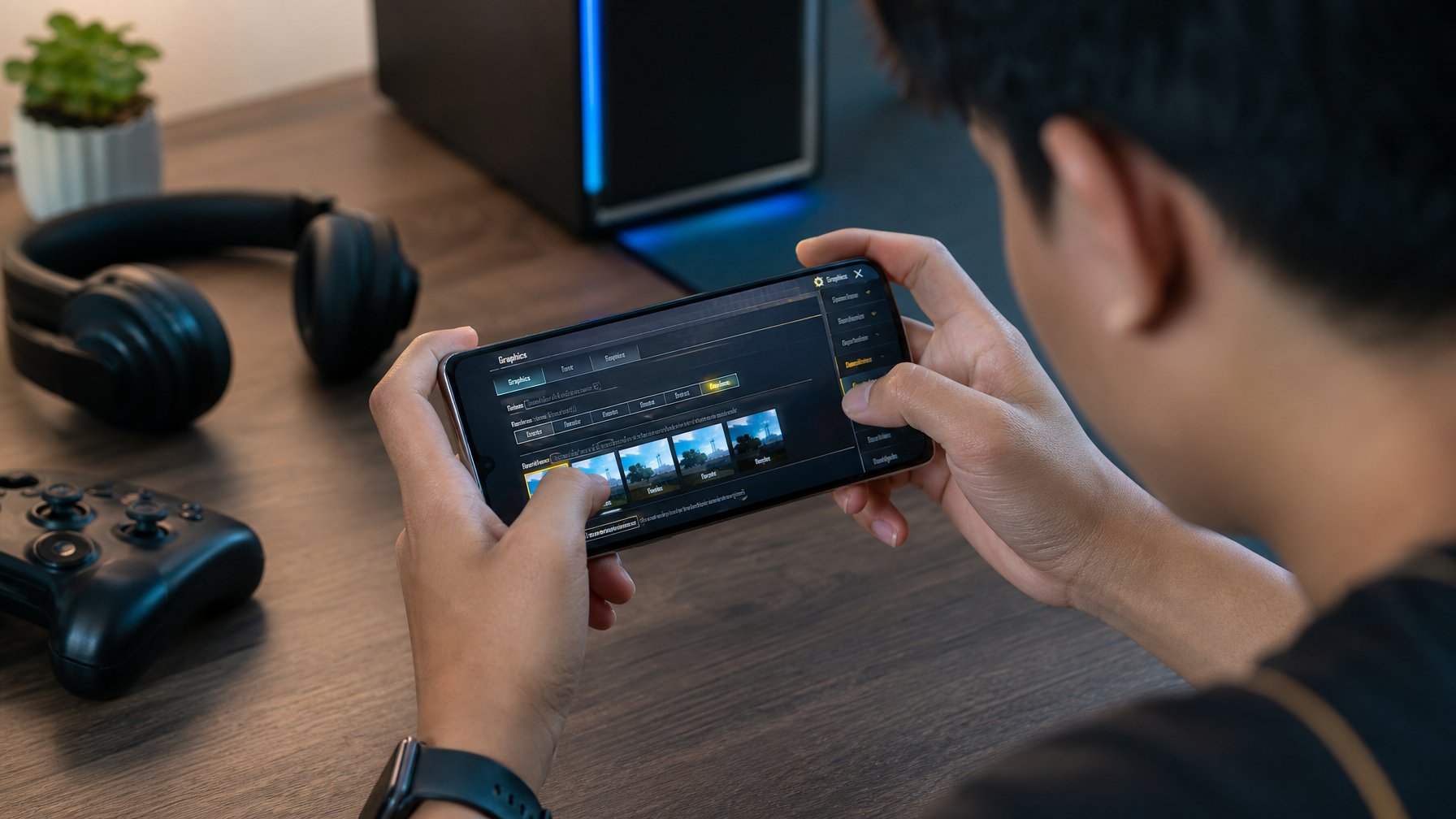 Seorang pemain muda sedang bermain game Battle Royale di ponsel dengan pengaturan grafis rendah di ruangan yang nyaman.