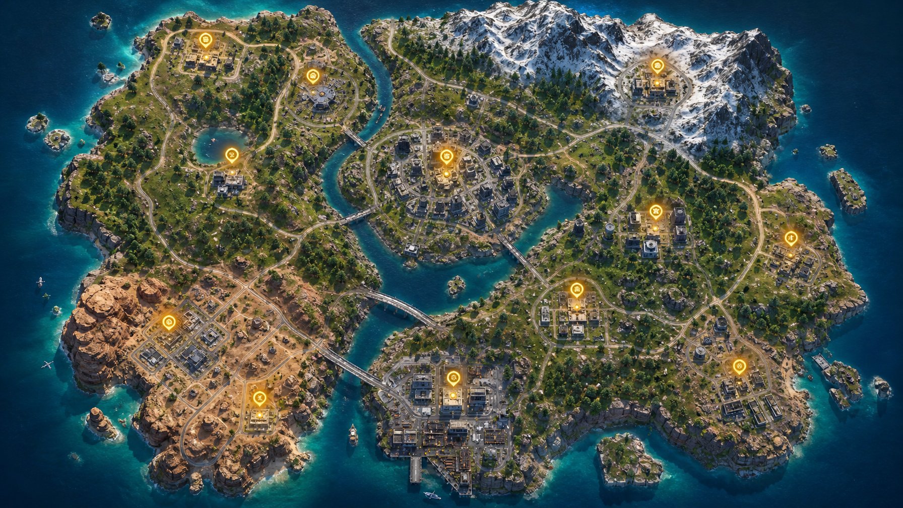 Peta permainan battle royale dengan berbagai lokasi strategis untuk looting, menampilkan area perkotaan, hutan, dan pegunungan.
