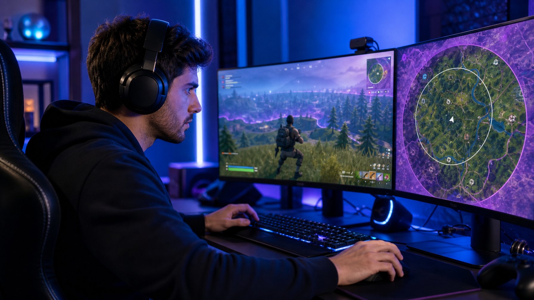 Seorang pemain game serius menggunakan headset di depan layar komputer yang menampilkan peta zona aman dalam permainan Battle Royale.