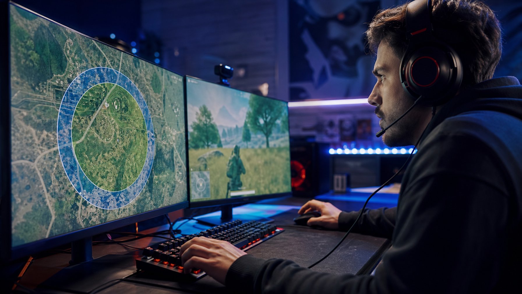 Seorang pemain game fokus bermain di depan layar komputer dengan peta zona akhir Battle Royale terlihat di monitor.