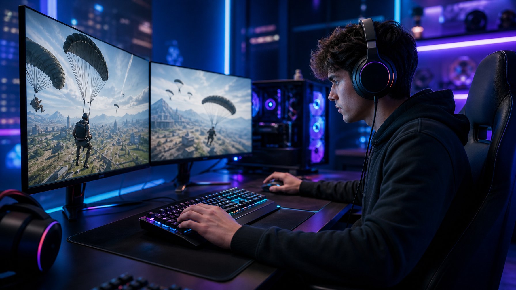Seorang pemain game sedang fokus di depan beberapa layar yang menampilkan permainan Battle Royale futuristik dengan pencahayaan biru ungu di ruangan gelap.