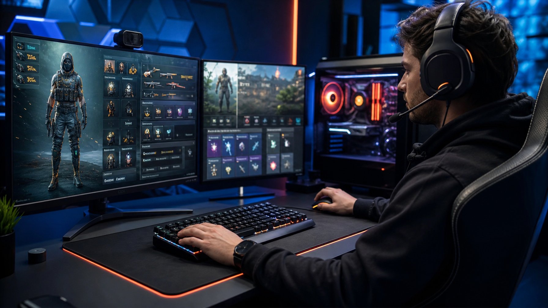 Seorang pemain game serius sedang menggunakan komputer dengan layar menampilkan karakter dan pilihan loadout dalam permainan Battle Royale.