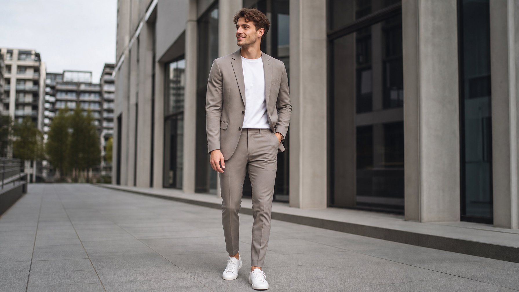 Seorang pria muda berdiri di latar kota modern mengenakan pakaian minimalis dengan blazer dan celana panjang, tampak percaya diri dan santai.