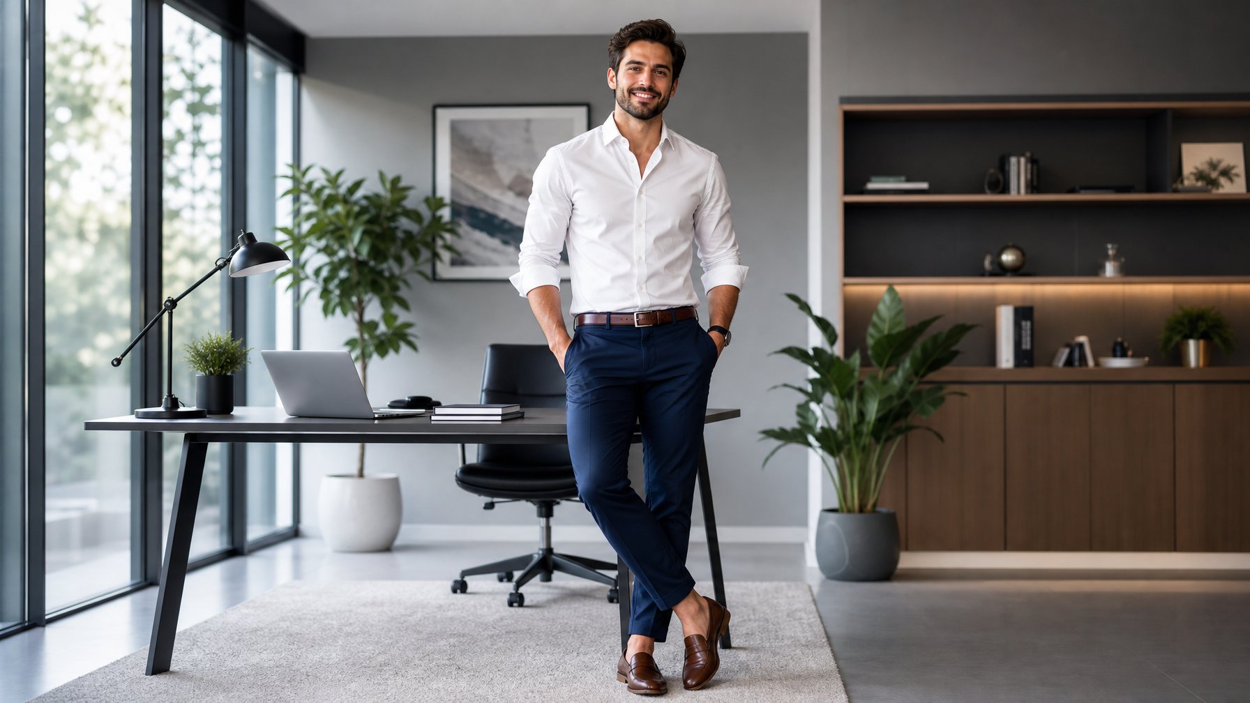 Seorang pria muda berdiri di kantor modern dengan pakaian kasual formal, mengenakan kemeja putih dan celana panjang biru, di dekat meja kerja dengan laptop.