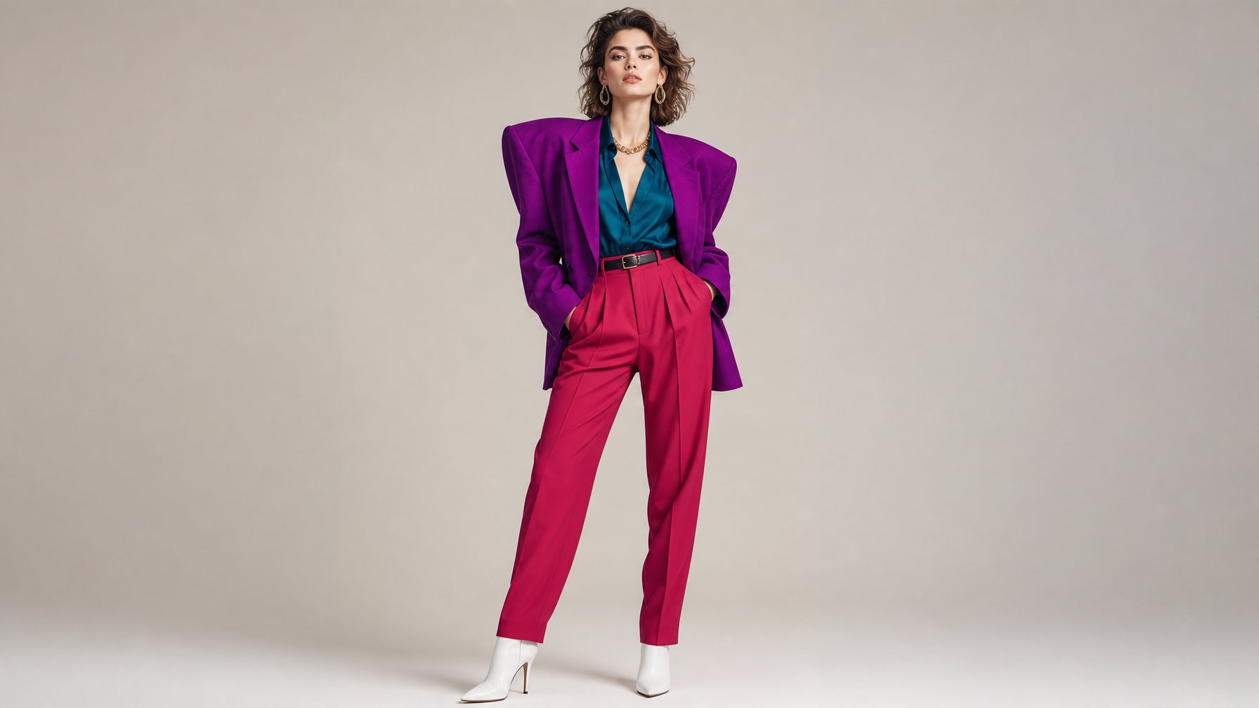 Seorang model mengenakan pakaian yang memadukan gaya fashion era 80an dengan sentuhan modern, berpose di studio dengan pencahayaan terang.