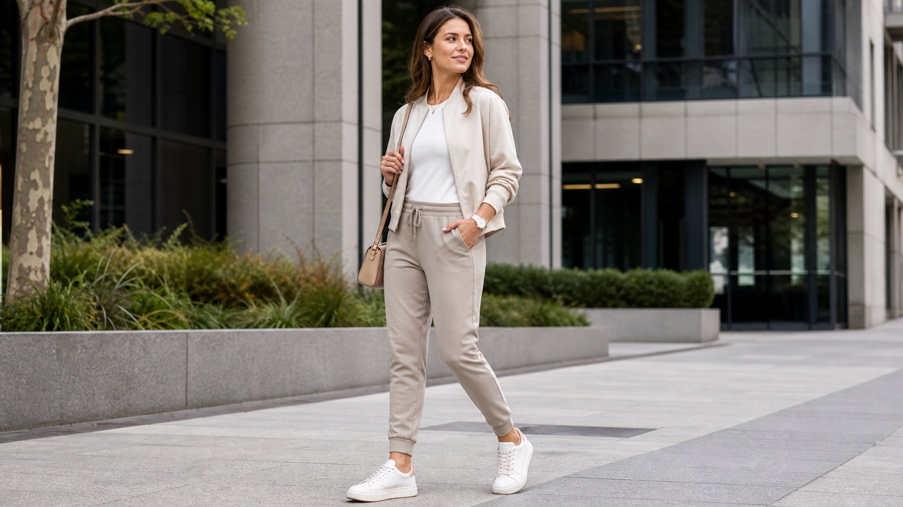 Seorang wanita muda berdiri di luar ruangan dengan pakaian athleisure yang rapi dan modern, di latar belakang terdapat bangunan kota.