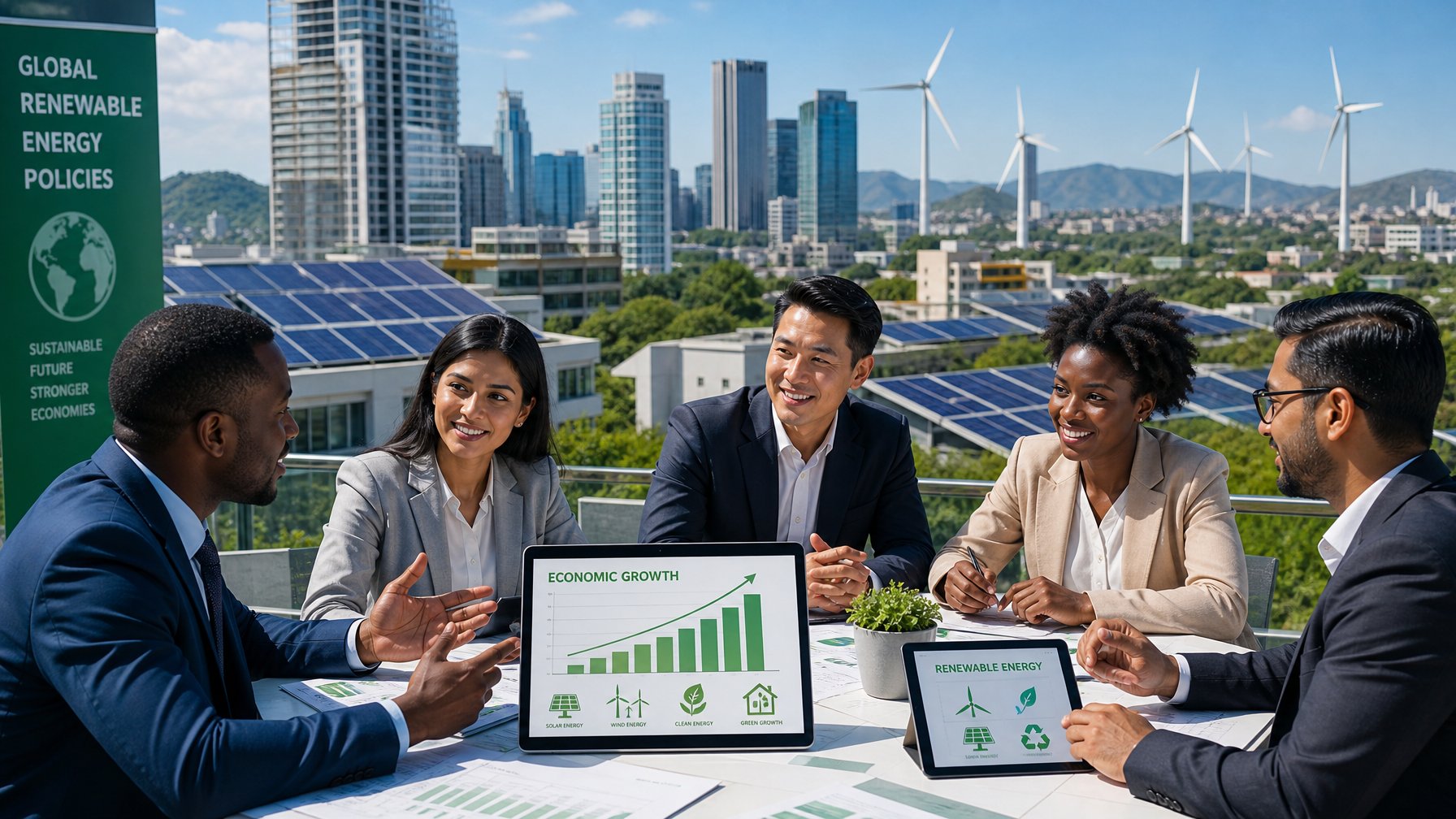 Sekelompok profesional bisnis berdiskusi di depan pemandangan kota dengan panel surya dan turbin angin, menunjukkan dampak kebijakan energi terbarukan terhadap stabilitas ekonomi.